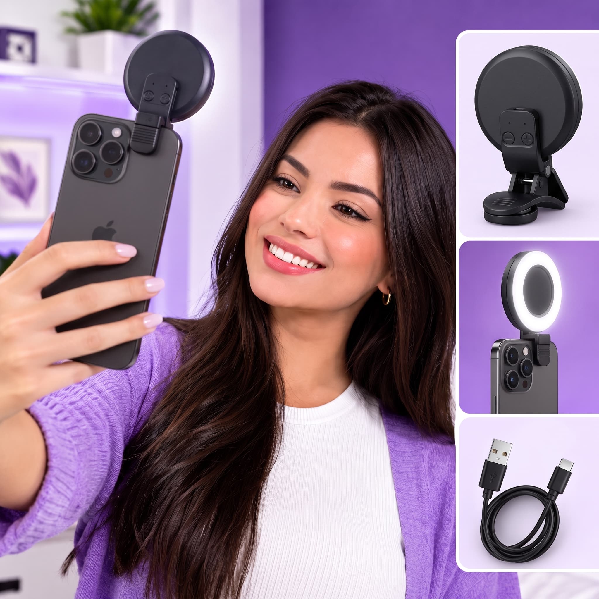Anel de Luz LED Recarregável USB com Clipe Universal para Celular