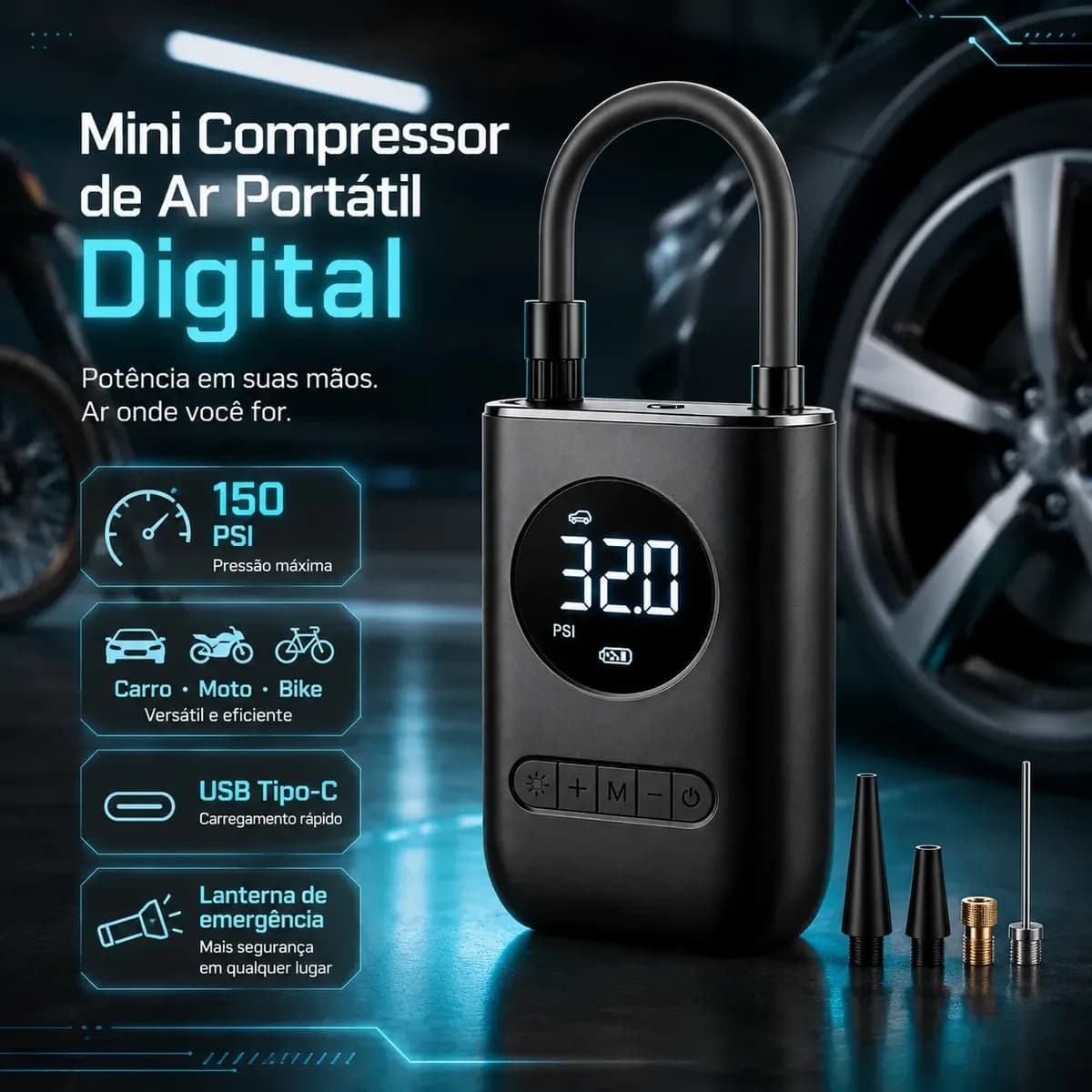 Mini Compressor de Ar Digital Portátil Recarregável USB-C